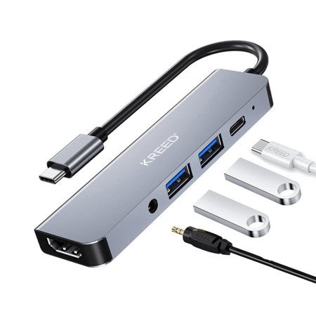 5 en 1 – Adaptador Tipo C a HDMI, 3.5mm, USB 3.X2, PD