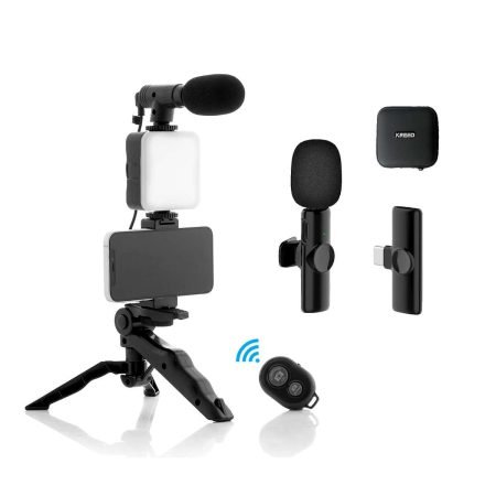 Kit de grabación Vlogging Micrófono, Trípode, Luz Led RECARGABLE  y Micrófono Solapero K11