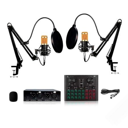 KIT DÚO PODCAST - 2 Micrófonos, Tarjeta de Sonido V8 Plus y Phantom Power Dual