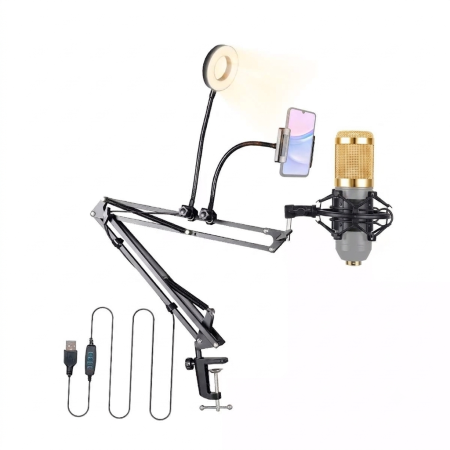 Brazo soporte para micrófono con sujetador de celular y luz led