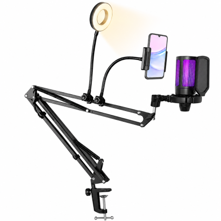 Micrófono de gamer soft RGB AuroraCast con Brazo y accesorios